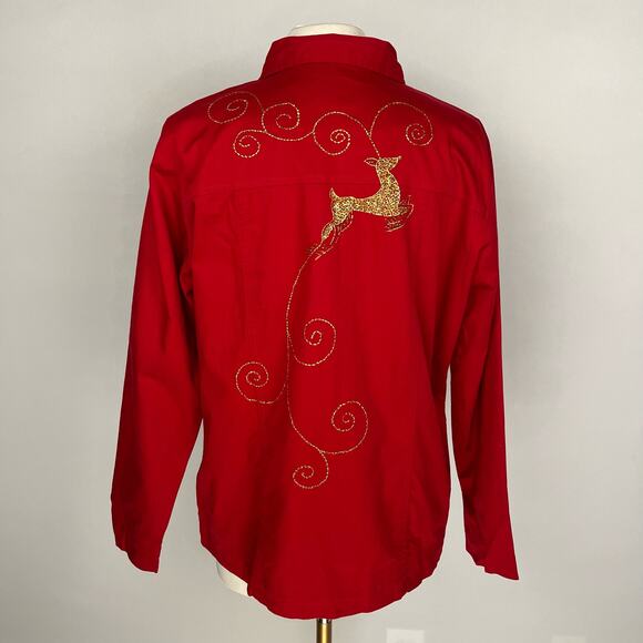 QUAKER FACTORY | Red Christmas Gold Sequin Embroidered Reindeer Jacket | Women's - Picture 4 of 11